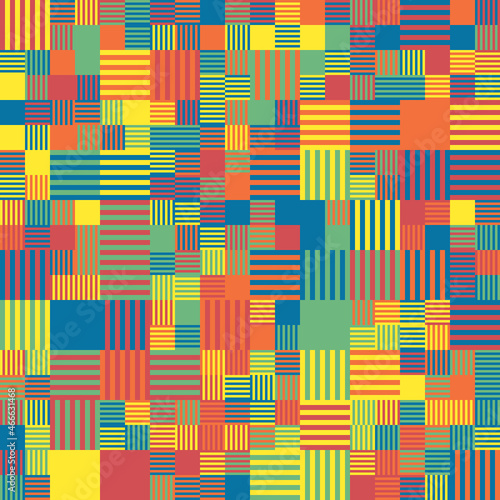 Patrón geométrico abstracto compuesto de cuadrados de rayas verticales y horizontales en colores de tonos vivos.