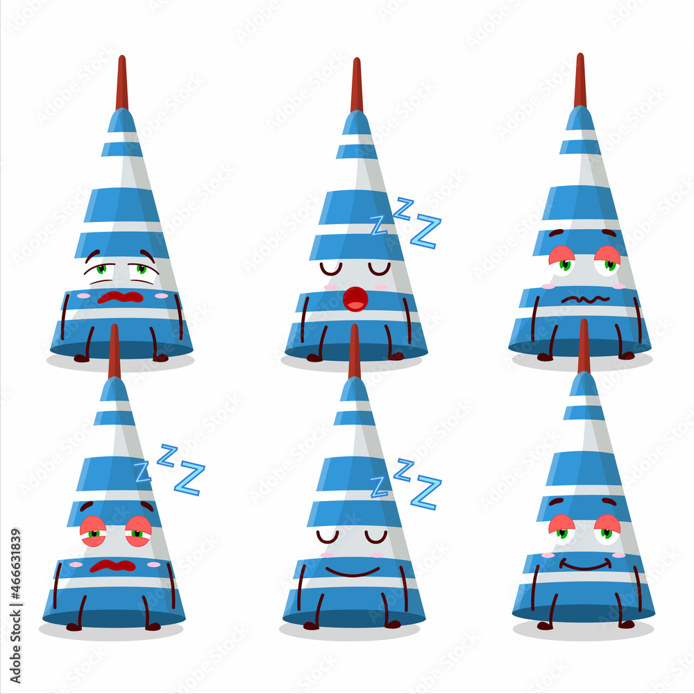 Cartoon character of blue long trumpet with sleepy expression Cartoon character of blue long trumpet with sleepy expression