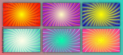 big bundle set of sunburst vintage background with space. Orange Yellow Purple Green  Blue and Pink Bundle Sunburst Pattern Background. Rays. Radial. Summer Banner. Vector Illustration	