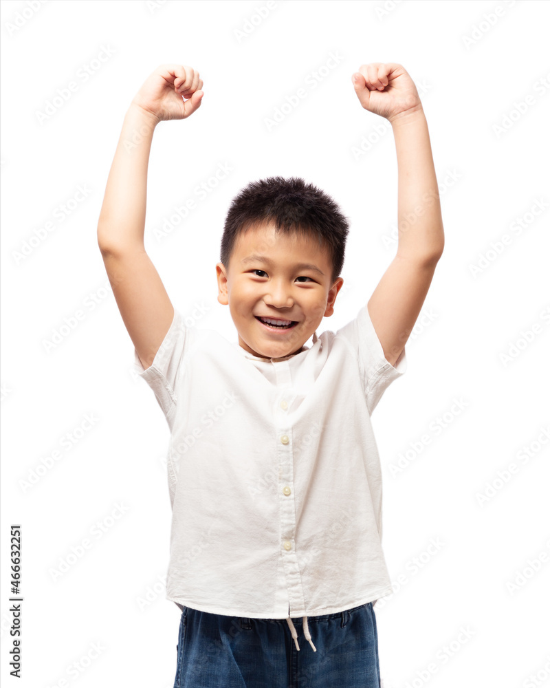 Happy healthy kid with strong hands up isolated on white background Happy healthy kid with strong hands up isolated on white background