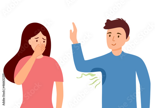 Man sweat armpit and smelly. Woman cover her nose from disgusting smell. Bad smell underarm concept vector illustration on white background.