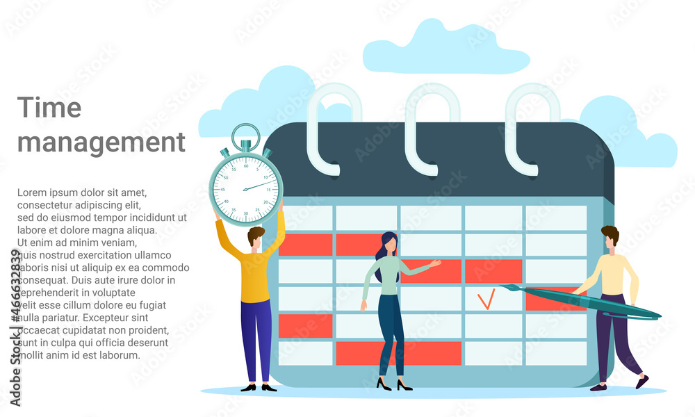 Time management, People on the background of a large calendar are engaged in time planning.Poster in business style.Vector illustration. Time management, People on the background of a large calendar are engaged in time planning.Poster in business style.Vector illustration.