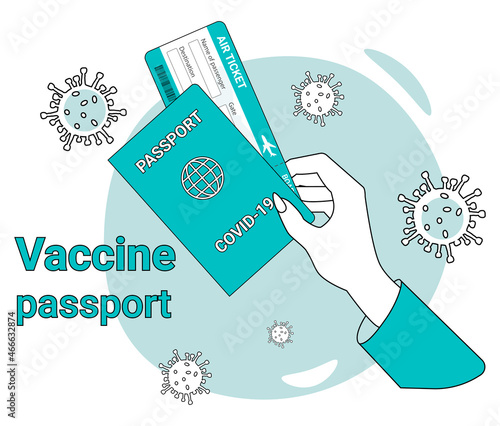 Vaccine passport.A woman holds a vaccine passport and an air ticket in her hands.A call for safety and taking care of your health.Flat vector illustration.
