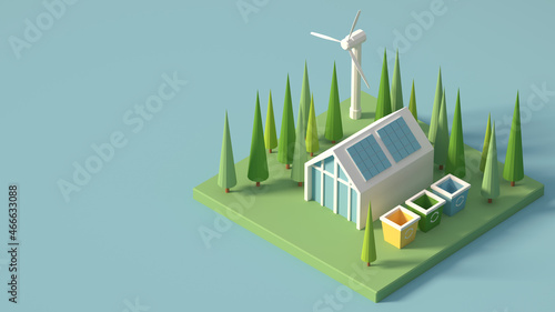 Solar-powered houses, ecology is an energy saving concept for getting free energy from the sun. Eco-friendly smart home, 3d render.