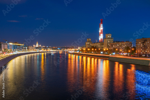 View on the Moscow river  Berezhkovskaya and Savvinskaya embankments in the evening  summer urban cityscape