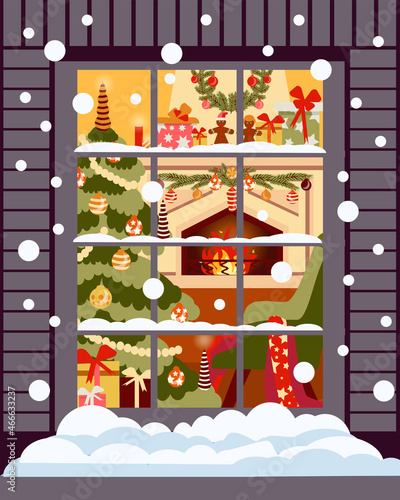 View through a window on the interior of a Christmas living room with the Christmas tree,  fireplace and gifts.  It's snowing outside. Happy new year decoration. Vector illustration flat cartoon style