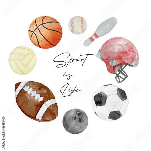 Watercolor Ball Sports Illustration, Ball Sports Clipart. Sport is life