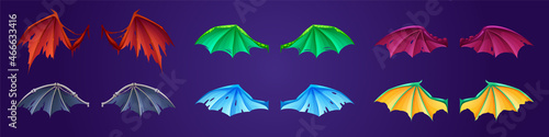 Set of fantasy wings of dragon, demon or bats myth or fable creatures. Different wing pairs, glowing, ragged colorful magic collection for rpg game characters, isolated Cartoon vector illustration