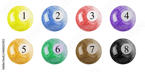 Watercolor colored Pool Balls. billiard balls numbers 1 to 8