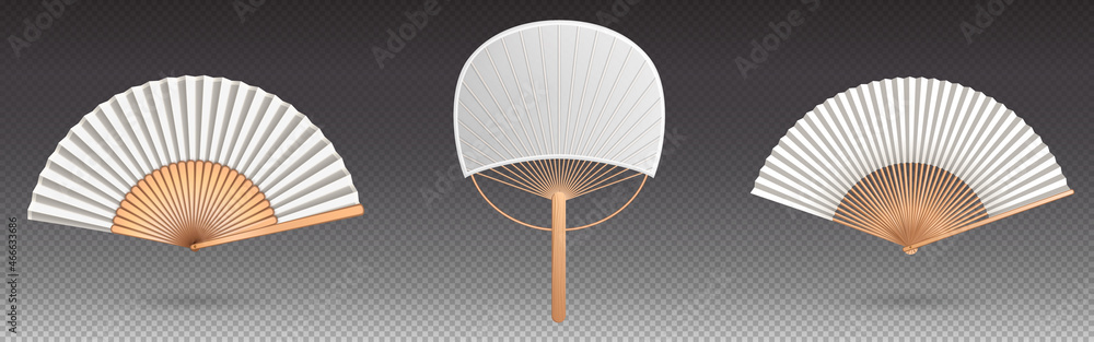 Chinese hand fan isolated handheld souvenir from China or Japan, folding paper or silk blower. Traditional oriental white and gold collection asian geisha foldable decor, Realistic 3d Vector mock up - obrazy, fototapety, plakaty 