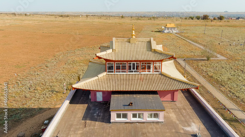 Elista, Russia. Syakusn-syume is a Buddhist temple in the Republic of Kalmykia. The official name of this religious building is Geden Sheddup Choikorling, Aerial View photo