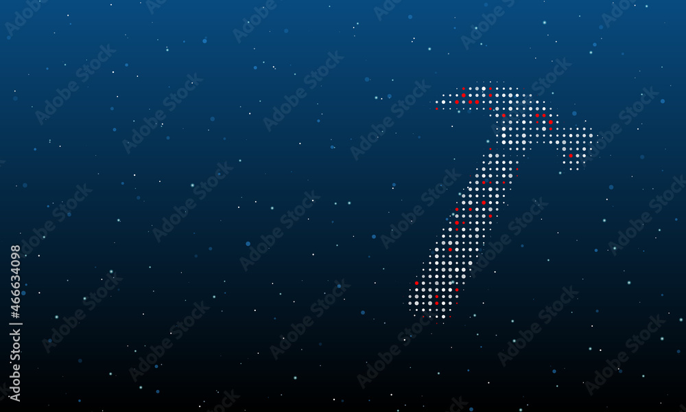 On the right is the hammer symbol filled with white dots. Background pattern from dots and circles of different shades. Vector illustration on blue background with stars