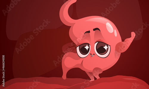 Cartoon healthy stomach in abdomen, cute character Internal organ mascot demonstrate power, show strong muscles. Tummy digestion system health care and gastroenterology medicine, Vector illustration