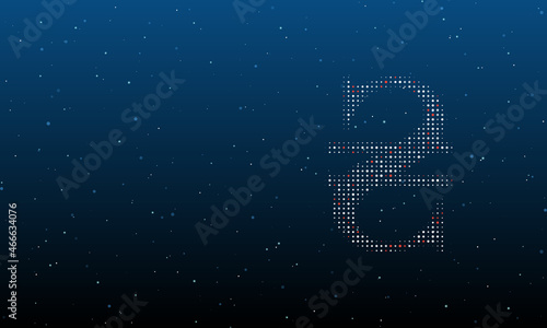 On the right is the hryvnia symbol filled with white dots. Background pattern from dots and circles of different shades. Vector illustration on blue background with stars