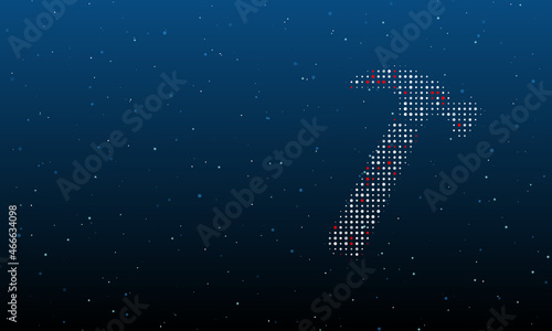 On the right is the hammer symbol filled with white dots. Background pattern from dots and circles of different shades. Vector illustration on blue background with stars