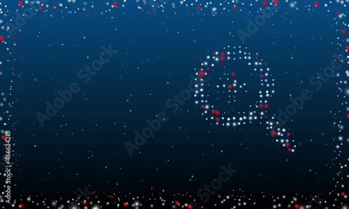 On the right is the zoom in symbol filled with white dots. Pointillism style. Abstract futuristic frame of dots and circles. Some dots is red. Vector illustration on blue background with stars