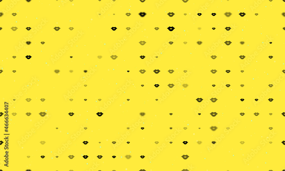 Seamless background pattern of evenly spaced black lips symbols of different sizes and opacity. Vector illustration on yellow background with stars Seamless background pattern of evenly spaced black lips symbols of different sizes and opacity. Vector illustration on yellow background with stars