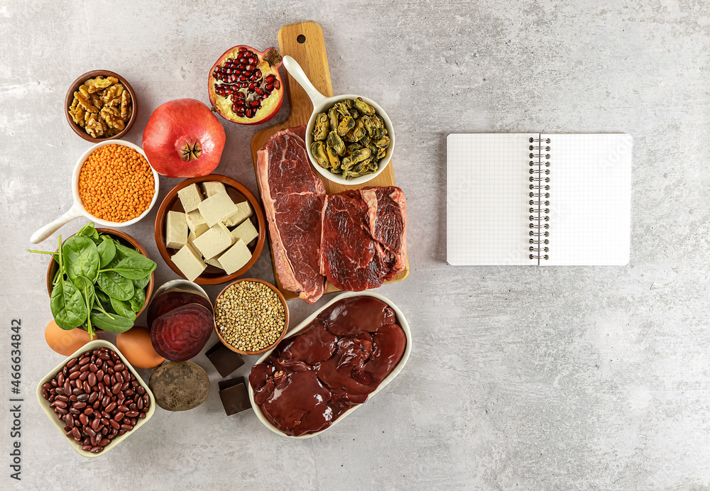 Foods high in Iron, a great source for your health, nervous and endocrine system, organic ingredients. Healthy diet concept, copy space Foods high in Iron, a great source for your health, nervous and endocrine system, organic ingredients. Healthy diet concept, copy space
