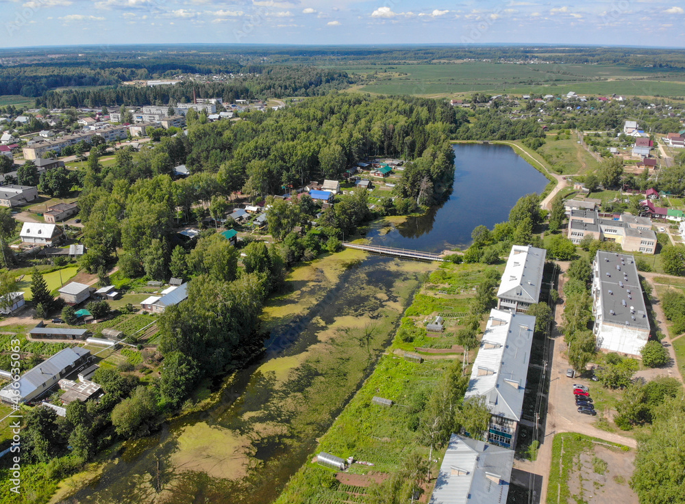 Aerial view of the Chakhlovitsa river and ponds (Pasegovo, Kirov region, Russia)