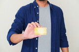 Cropped guy holding blank card