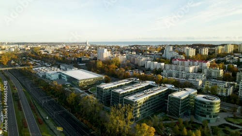  Pomeranian Science and Technology Park Gdynia - at autumn sunrise with city panorama on background, Polish Innovation development hub photo