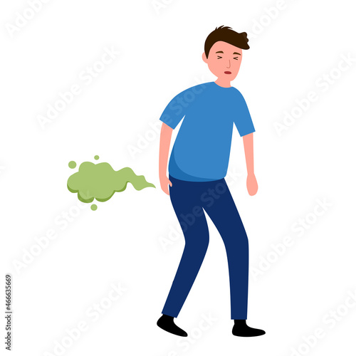 Man farting with smelly from his bottom in flat design on white background. Farting guy character concept vector illustration.