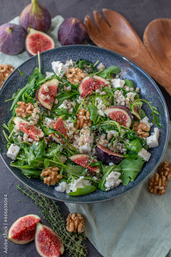 healthy barley salad with fresh figs, feta cheese and walnuts healthy barley salad with fresh figs, feta cheese and walnuts