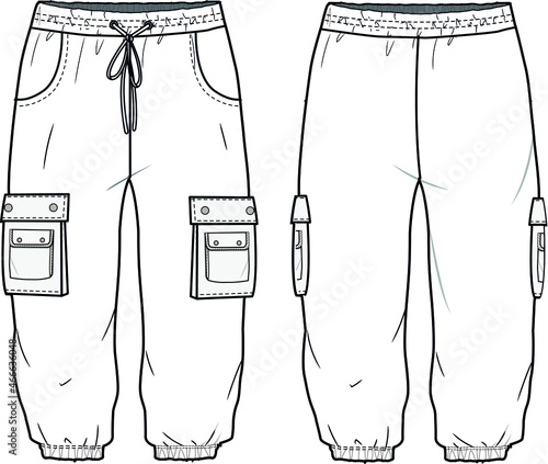 Cargo Joggers, Joggers with Pockets Front and Back View. fashion illustration vector, CAD, technical drawing, flat drawing.