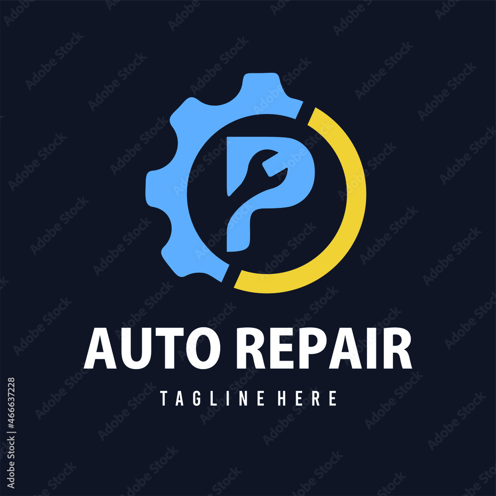Initial P Letter with Gear and Wrench for Automotive Home Repair, Setting, Maintenance Service Company. Home Repair Business Logo Template
