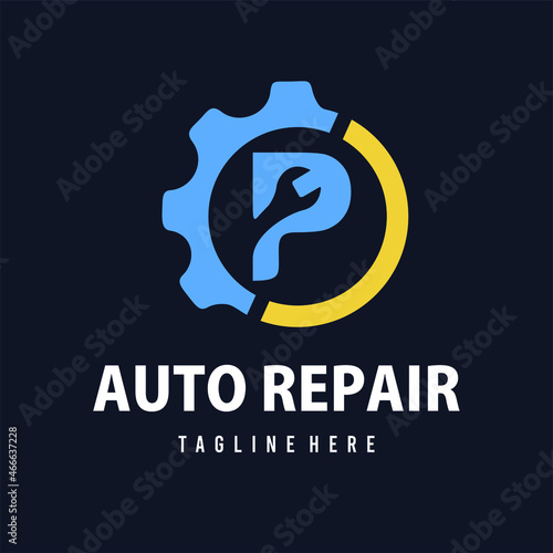 Initial P Letter with Gear and Wrench for Automotive Home Repair, Setting, Maintenance Service Company. Home Repair Business Logo Template