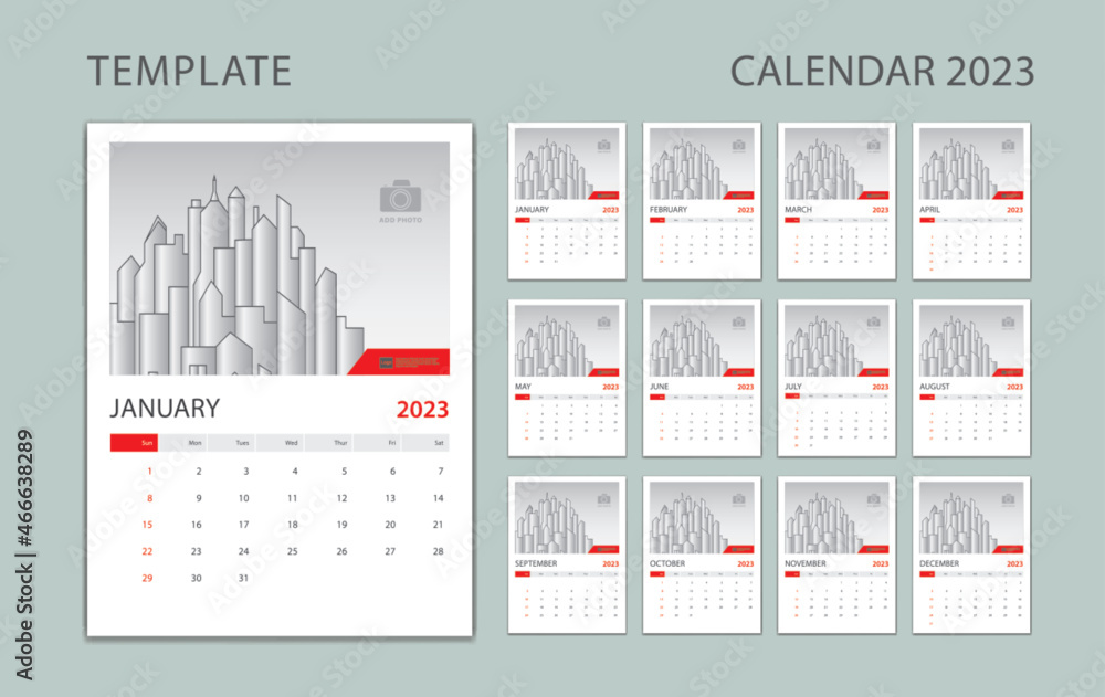 Calendar 2023 template vector, Wall calendar 2023 design, Desk calendar 2023,  calendar minimal template, Week Starts on Sunday, Set of 12 Months, Planner,  advertisement, printing graphic Stock Vector | Adobe Stock
