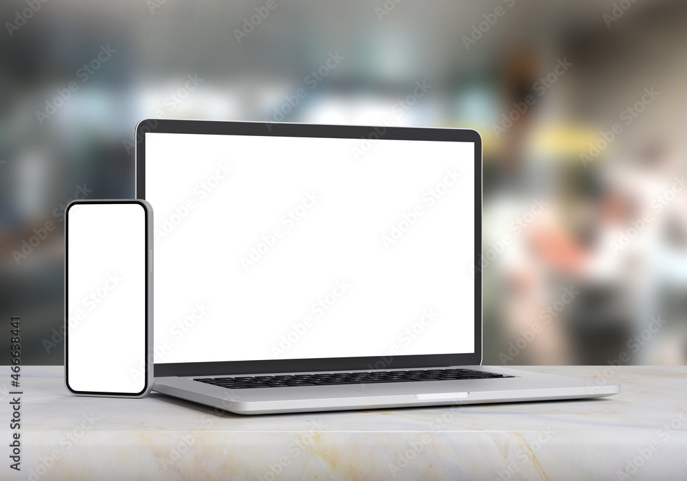 Laptop and smartphone on marble table in blurry office background, 3d illustration. Laptop and smartphone on marble table in blurry office background, 3d illustration.