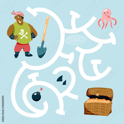 Help a pirate with a shovel to get to the treasure chest by avoiding traps. Cute hand drawn maze game. Labyrinth. Funny game for children's education. Vector illustration
