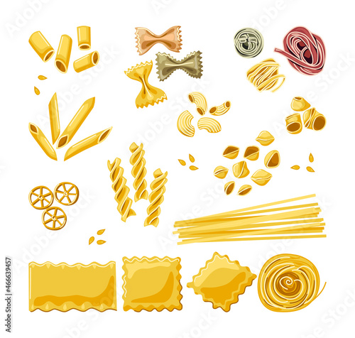 Pasta set. Handmade pasta of various shapes. Italian home cooking. Decor of the restaurant menu. Vector cartoon illustration