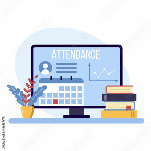 Office software. Attendance management. Business concept. Infographics for web banner. Calendar, task list and chart. The user personal account. photo