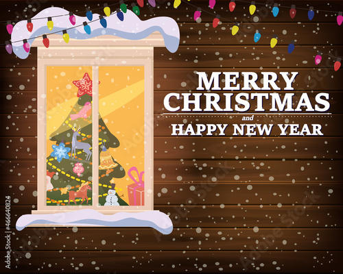 Chrismas window, night, decoraions garland retro, living room christmas tree. Xmas and new Year holiday celebration. Vector illustration flat cartoon style photo