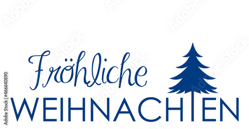 Fröhliche Weihnachten dunkelblau, Weihnachtsgruß deutsch, Typographie Gestaltung mit Weihnachtsbaum