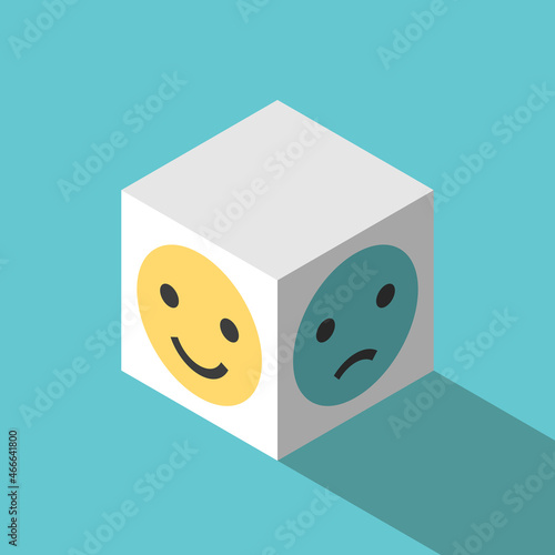 Happy and sad faces on cube. Feedback, hiding and suppressing negative emotions, psychology and bipolar disorder concept. Flat design. EPS 8 vector illustration, no transparency, no gradients