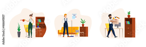 Cleaning service set. People cleanliness work at home or office watering potted plant, washing floor