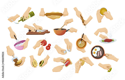 Set human hands preparing food. Cooking utensils with soup, eggs, meat, roll out dough, beat cream, cutting avocado and sprinkle spices.