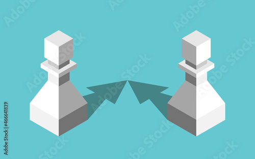 Two isometric pawns with arrows converging. Convergence, attraction, compromise and closeness concept. Flat design. EPS 8 vector illustration, no transparency, no gradients