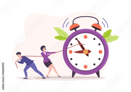 Tiny man and woman scared pulling alarm clock arrows effective time management, planning, deadlines
