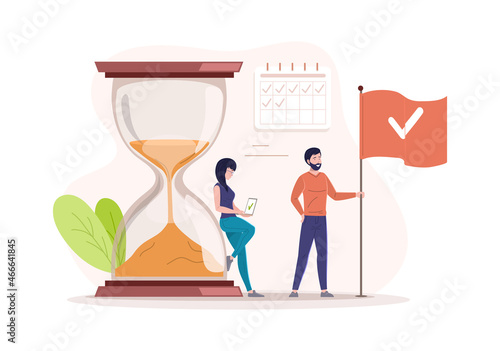 Success tiny people effective time management tasks checkpoint winner flag and schedule timetable