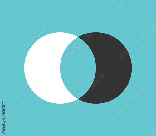 Two circles merging. Symmetric difference, sets, integration, egalitarianism, equalization, incompatibility and conflict concept. Flat design. EPS 8 vector illustration, no transparency, no gradients