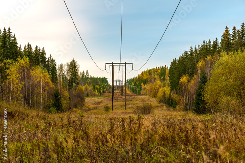 Power lines passing an autumn colored landscape in Sweden