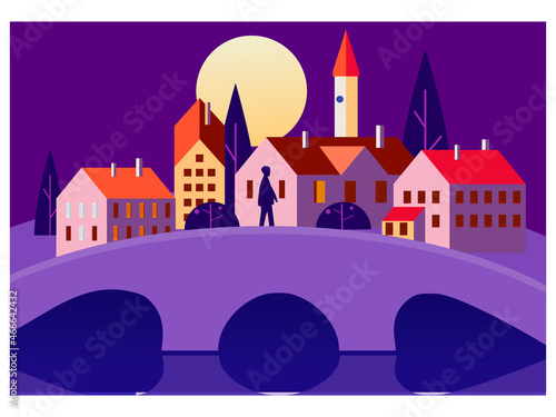 Sunset old town city landscape, night. Architecture Europe bridge river, vector illustration minimal flat style