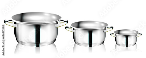 Realistic metal kitchen utensils on a white background. Set of steel pans with reflection. 3D image of kitchen utensils for illustrating recipes, cooking