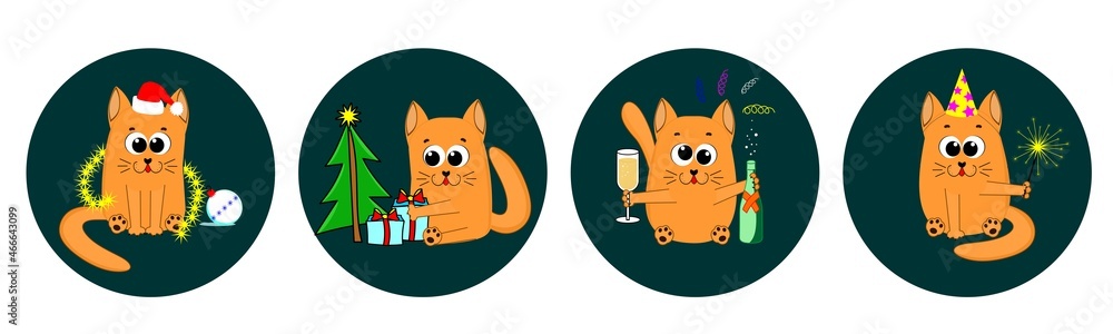 Obraz premium A set of stickers with cute funny cats celebrating new year and christmas, in cartoon style. The cat plays with tinsel, drinks champagne, receives gifts under christmas tree and lights sparklers