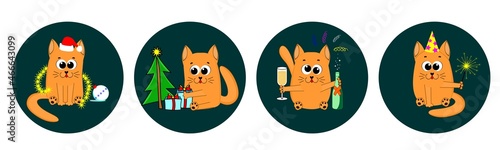 A set of stickers with cute funny cats celebrating new year and christmas, in cartoon style. The cat plays with tinsel, drinks champagne, receives gifts under christmas tree and lights sparklers