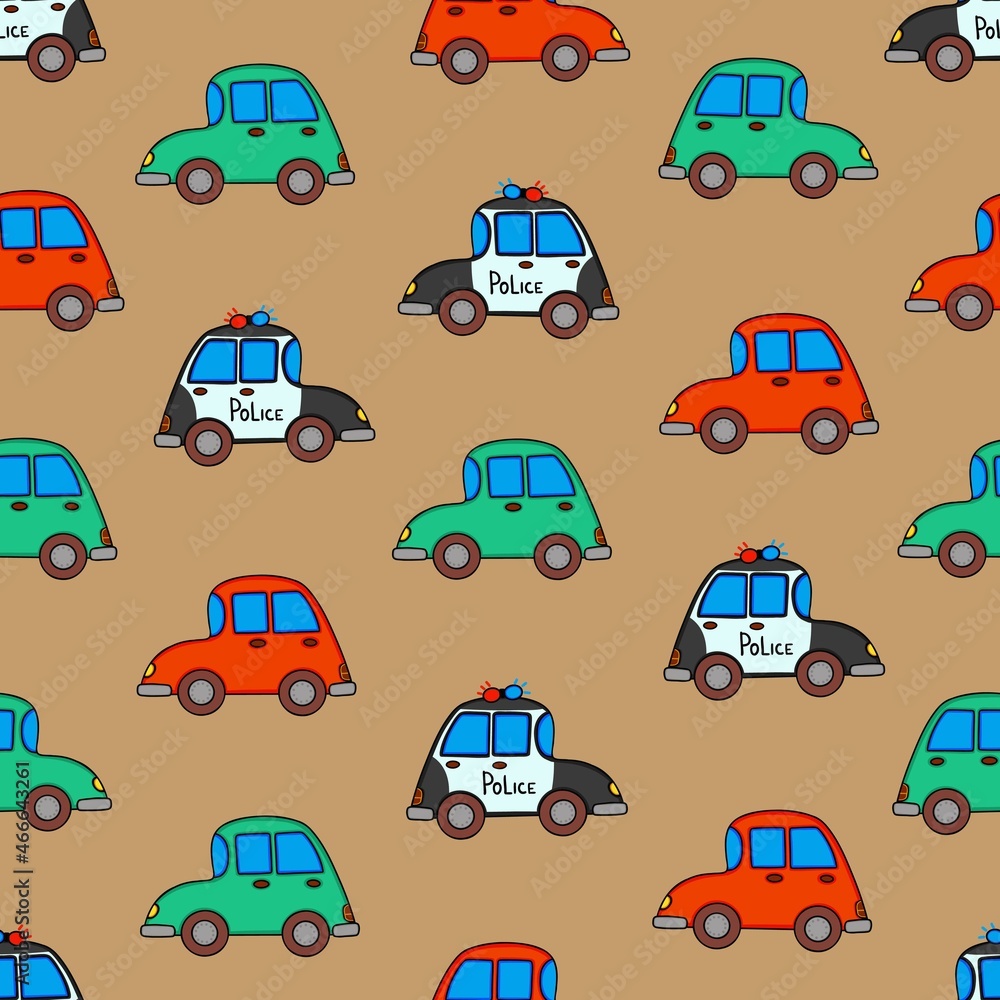 seamless pattern with colorful little cars. Vector Illustration for printing, backgrounds, covers, packaging, greeting cards, posters, stickers, textile, seasonal design. Isolated on white background.